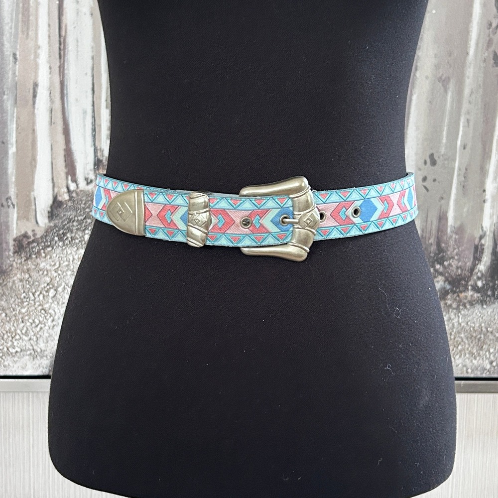 Vintage 90's Nuovo Blue Pink Aztec Geometric Pattern Silver Buckle Belt - XS/ 9